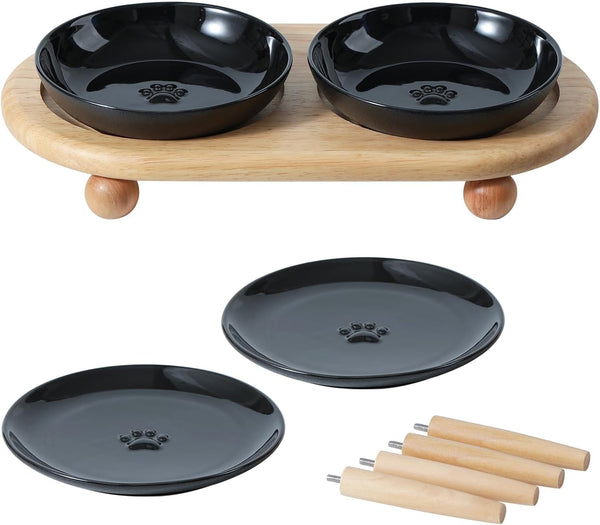 Havniva Elevated Cat Bowls, Cat Food and Water Bowl Set, Ceramic Cat Bowl | Raised Cat Food Bowls, Whisker Friendly, 5.6” Shallow Cat Dishes + 6” Wide Cat Plates, Non-Slip Wood Stand, Two Heights14