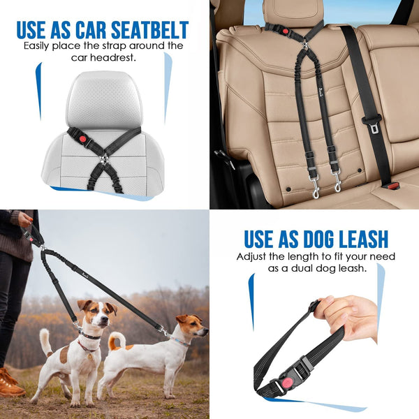 Lukovee Double Dog Seat Belt, Dual Pet Car Headrest Restraint Safety Seatbelt No Tangle Dog Leash Duty Adjust Elastic Bungee Puppy Lead Splitter Connect Harness in Vehicle Travel for 2 Dogs,Black5