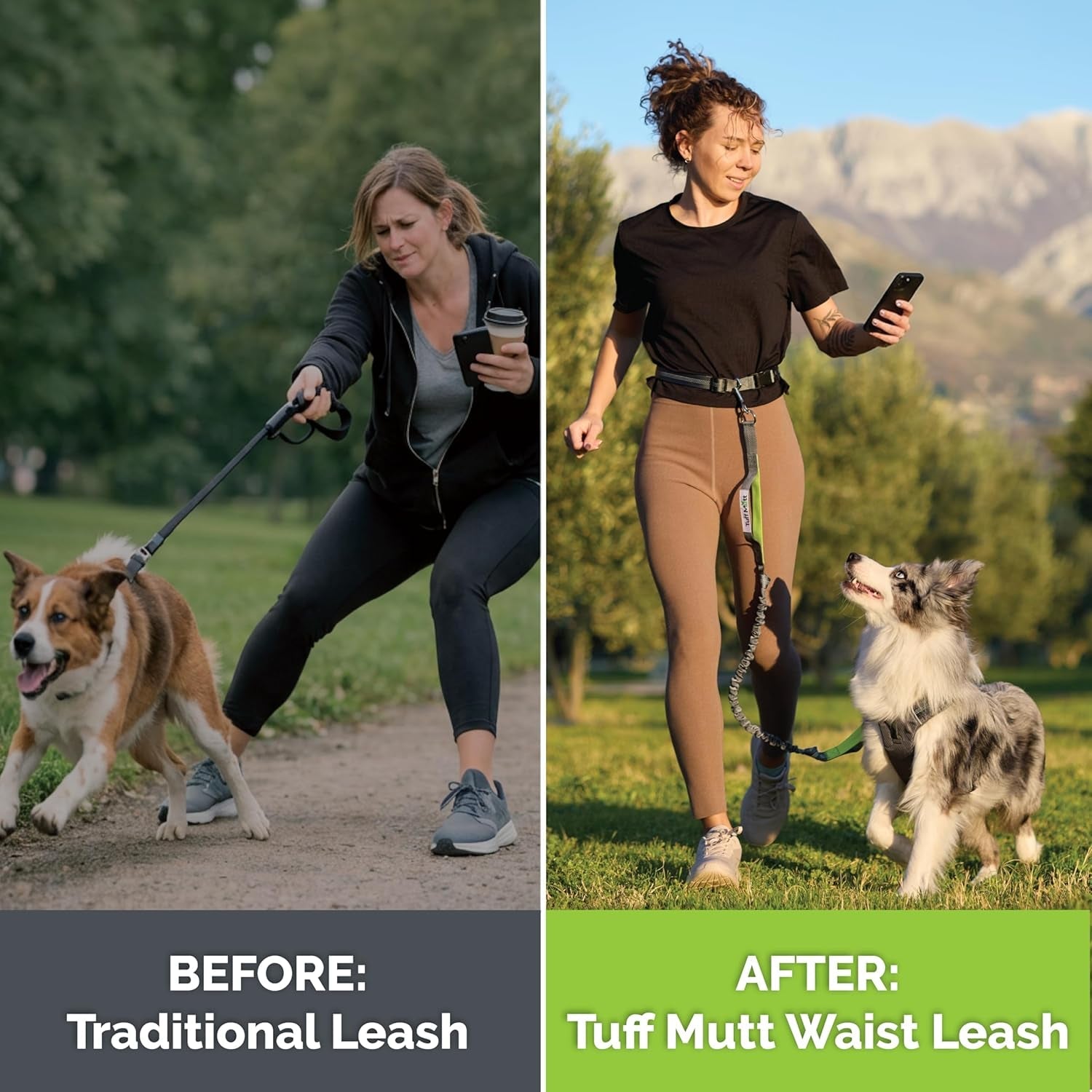 tuff-mutt-hands-free-dog-leash-for-walking-running-hiking-waist-leash-with-bungee-adjustable-belt-reflective-double-handle-design-for-large-medium-dogs