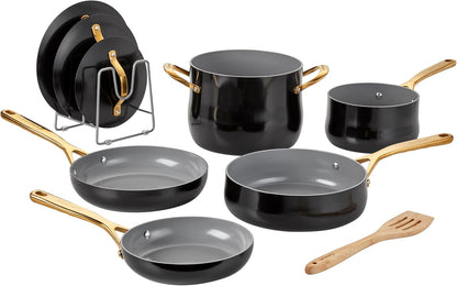 Culinary Ceramic Cookware Set, Dishwasher Safe Nonstick Pots and Pans, 10 Piece Kitchen Cookware Set for Home Cooking, Easy & Clean Design, Black, 34CG-10BK1