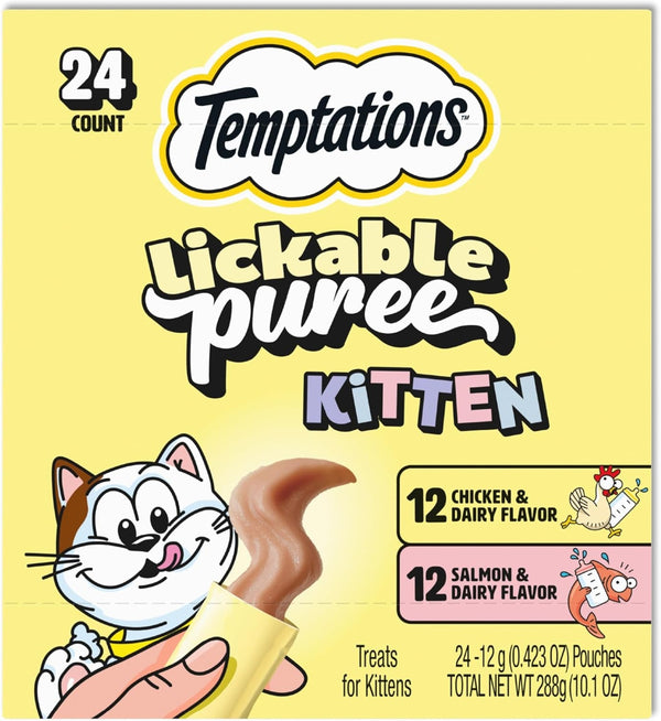 Temptations Lickable Puree Kitten Cat Treats, Chicken & Salmon, 24 Count | Chicken & Salmon, DHA Supports Brain Development, High Moisture for Hydration, under 15 Cal/Pouch, No Added Sugar or Fillers1
