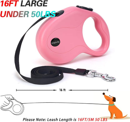 Enrgticdg 16Ft Retractable Dog Leash,Light Weight Leash for Small to Medium Dogs/Cats up to 50Lbs,Stainless Steel Spring Strong Nylon Tape, Tangle Free, One-Handed Brake.(Pink-Black)3