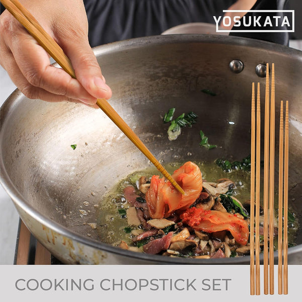 Carbon Steel Wok Pan – 13,5 “ Stir Fry Pans - Chinese Wok with Flat Bottom Pow + Reusable Natural Wooden Long Cooking Chopsticks Set of 3 Pairs: 11.8 Inch, 13-Inch, 14.2 Inch6