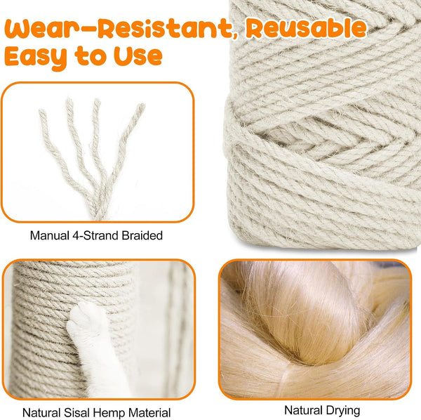 328FT 1/4 Inch Cat Scratching Sisal Rope for Cat Trees & Posts | Thick White Jute Rope with 2 Cat Mouse Toys for Scratch Posts, Cat Towers & DIY Projects4