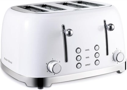 4 Slice Toaster Retro Stainless Steel with Bagel Defrost Cancel Function, 6 Browning Settings, Extre Wide Slot and Removable Crumb Tray, White, ST0331
