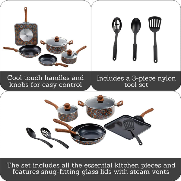 10 Piece Talavera Aluminum Black Ceramic Cookware Set | Black Ceramic Nonstick Coating, Cool-Touch Handles and Glass Lid, Ideal for Mexican Dishes, Great for Gifting2
