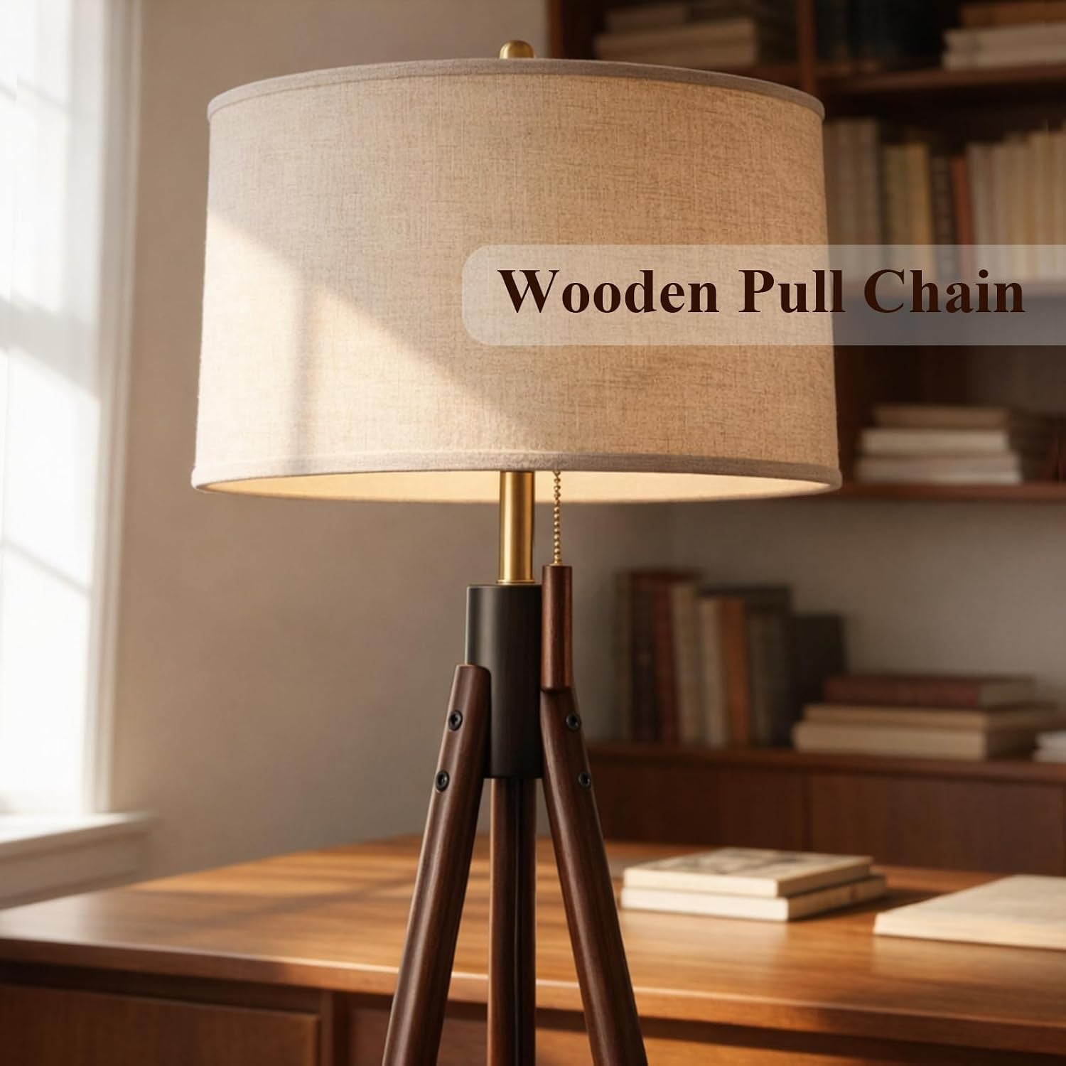 mid-century-tripod-floor-lamp-with-pull-chain-black-gold-finish-two-tone-solid-wood-design-linen-tapered-drum-shade-tall-standing-lamp-for-living-room-bedroom-reading-corner-bulb-included