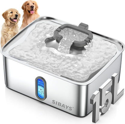 SIBAYS 4Gal/15L Dog Water Fountain for Large Dogs, Stainless Steel Large Pet Water Fountain, Ultra Quiet Automatic Dog Water Bowl Dispenser with Water Level Window and LED Light(Fs78, Silver-Grey)1