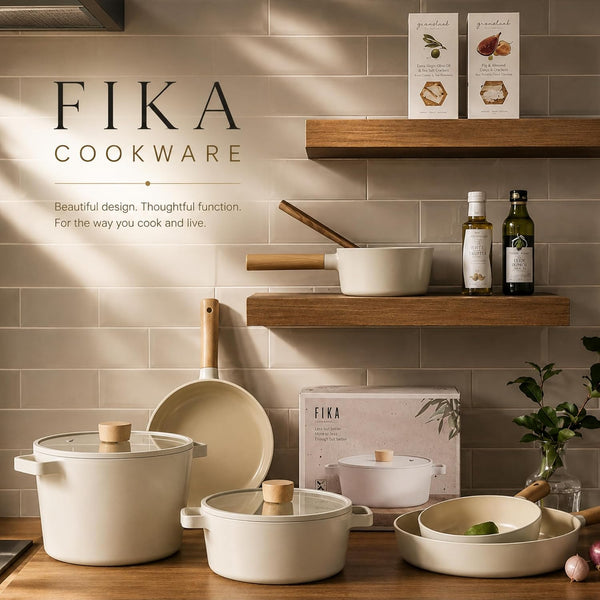 FIKA 5-Piece Ceramic Coated Nonstick Pots and Pans Set with Glass Lids, 18Cm Saucepan, 24Cm Frying Pan and Stockpot, Natural Wood Accents, Induction Compatible Cookware, Made in Korea9