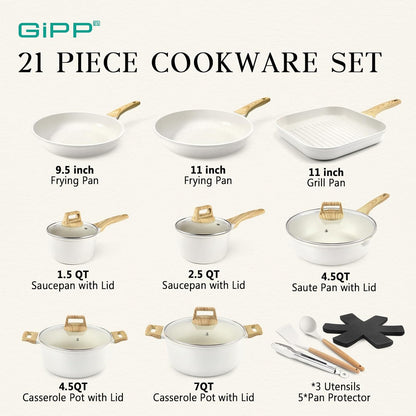 21Psc Pots and Pans Set Non Stick White Granite Kitchen Cookware Sets Nonstick Induction Cookware Non-Toxic Cooking Pan Set with Silicone Utensils, PFOS and PFOA Free2