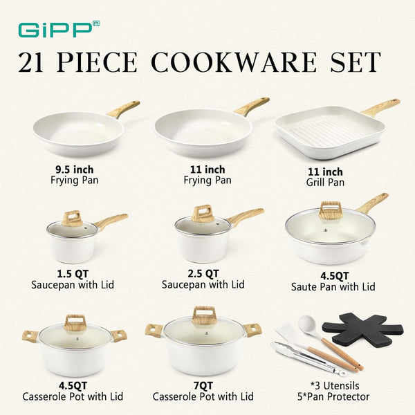 21Psc Pots and Pans Set Non Stick White Granite Kitchen Cookware Sets Nonstick Induction Cookware Non-Toxic Cooking Pan Set with Silicone Utensils, PFOS and PFOA Free2
