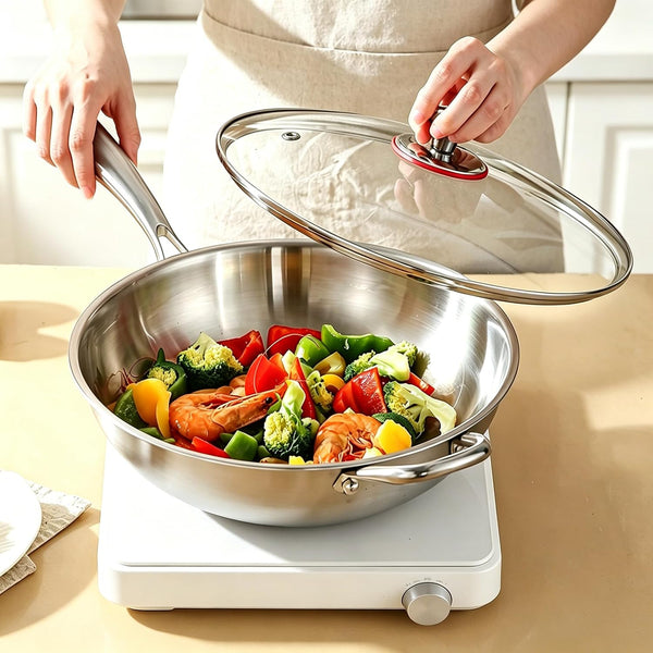 13 Inch Stainless Steel 316 Wok with Lid, Stir-Fry Pans, Dishwasher and Oven Safe, Works on Induction (13 Inch with Lid)7