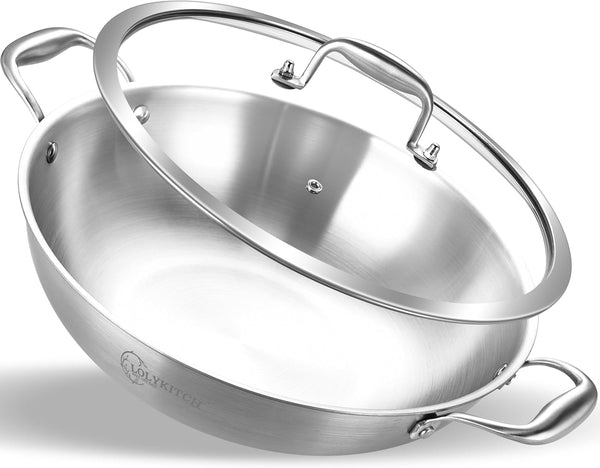 13-Inch Stainless Steel Wok with Lid | 5.5-Quart | Dual Handles | Uncoated Tri-Ply Stir Fry Pan | Everyday Cooking Wok for Induction | Flat Bottom | PFOA-FREE | 4-5 Servings ﻿1