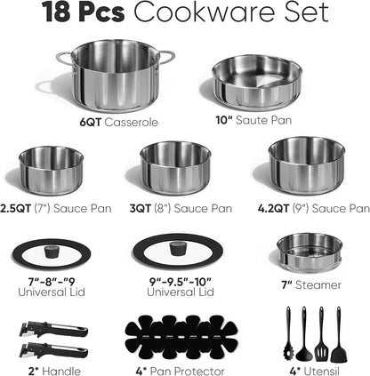 18Pcs Tri-Ply Stainless Steel Cookware Set with Detachable Handle | Pots and Pans Set, Even Heating, Non-Toxic, Induction Compatible, Dishwasher& Oven Safe, Space Saving, Camping Cooking, Black2
