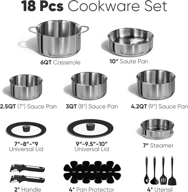 18Pcs Tri-Ply Stainless Steel Cookware Set with Detachable Handle | Pots and Pans Set, Even Heating, Non-Toxic, Induction Compatible, Dishwasher& Oven Safe, Space Saving, Camping Cooking, Black2