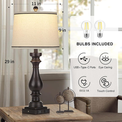 Table Lamps for Living Room,Vintage Bedside Nightstand Bedroom Lamp,Single | USB C+A Ports & AC Outlet,3-Way Dimmable Touch Control,Black,Farmhouse,Retro,29" Tall5