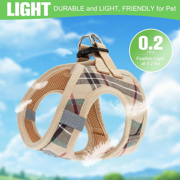 EXPAWLORER Plaid Small Dog Harness and Leash Set with Airtag Holder - No Pull Soft Padded Step in Dog Vest Harness Medium Sized Dog, Reflective Puppy Harness, Collar and Leash for Walking, Khaki S6