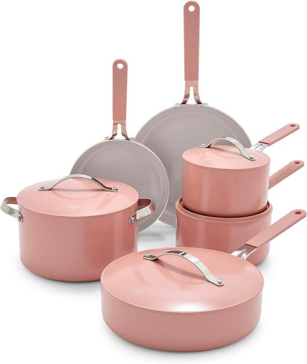 10-Piece Nonstick Ceramic Cookware Set, Lightweight Healthy Pfas-Free Pots & Pans with Lids, Dishwasher & Oven Safe, Durable Body, Silicone Stay-Cool Handles, Easy Release, Pink1