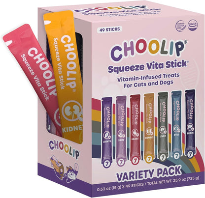 Choolip Squeeze Vita Stick Lickable Cat and Dog Treats – 49-Count Variety Pack – Real Meat Puree with Multivitamins for Total Pet Wellness – Grain-Free, High-Moisture, Vet-Formulated1