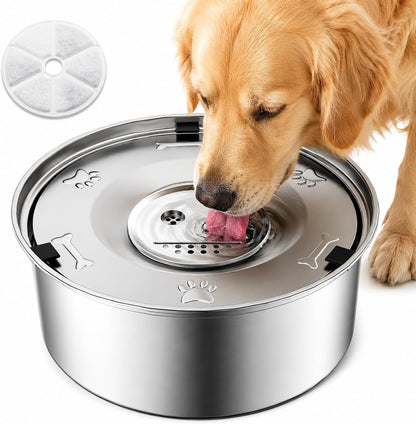 Dog Water Bowl No Spill, 3L/101Oz Stainless Steel Slow Feeder Dog Bowl with Floating Disk, Spill Proof Dog Water Bowl Dispenser for Messy Drinkers, anti Splash Large Dog Bowl with Filter1