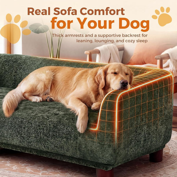 Dog Couch Sofa for Large & Extra Large Dogs, Elevated Pet Bed with Legs, Button Tufted Chenille Dog Couch with Backrest and Armrests, Modern Indoor Dog Furniture(Green, XXL - 55" X 28" X 15")3