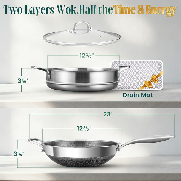 Hybrid 13 Inch Wok with Steamer, Nonstick Stainless Steel Wok | Wok Pan & Stir-Fry Pans2