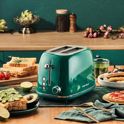2 Slice Toaster Retro Stainless Steel with Bagel, Cancel, and Defrost Functions, 6 Bread Shade Settings, Extra Wide Slots and Removable Crumb Tray, Green2