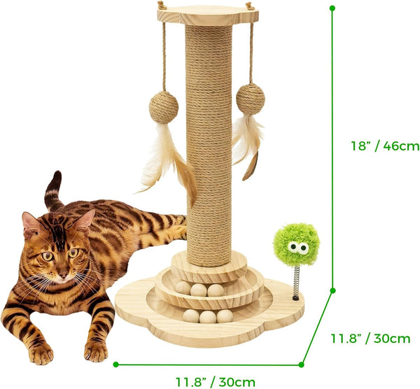 TINYBEAST Wooden Cat Scratching Post Fot Kittens, 4 in 1 Cat Scratcher Toy with Cat Ball Tracks, 18" Tall Sisal Scratch Post for Indoor Kittens, Interactive Feather Toy and 2 Sisal Hanging Balls6