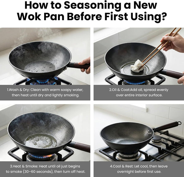 13 Inch Carbon Steel Wok with Lid, Large Flat Bottom Woks & Stir-Fry Pan | Large Chinese Wok Pan, 6.45QT, Nitrided Carbon Steel, No Chemical Coating, for All Stoves4
