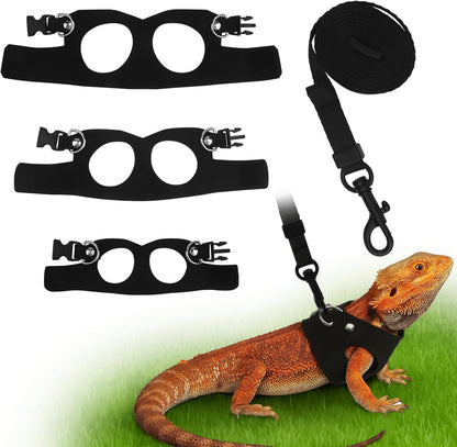 3Size Black Bearded Dragon Leash and Harness Set with Lizard Traction Rope | for Reptile, Lizard Leash/ Squirrel Harness/ Small Rabbit Traction Rope (S, M, L)1