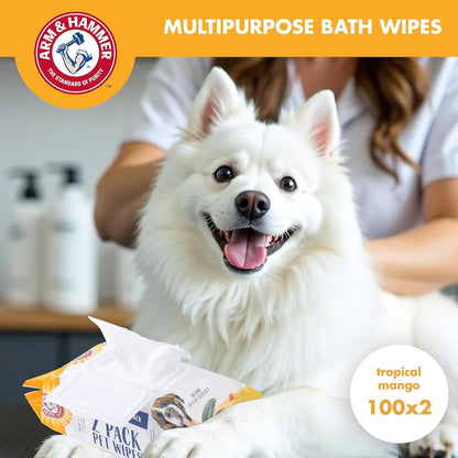 Arm and Hammer for Pets Heavy Duty Multipurpose Dog Bath Wipes, Mango Scent - All Purpose Wipes Remove Odor and Refresh Your Dog’S Skin between Baths, 100 Count - 2 Pack2