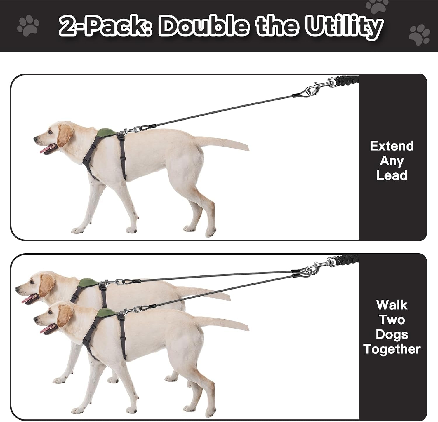 chew-proof-dog-leash-extender-2ft-5mm-metal-lead-extension-360-tangle-free-for-walking-training-puppies-fits-small-medium-large-dogs-collar-harness-compatible-black-orange-blue