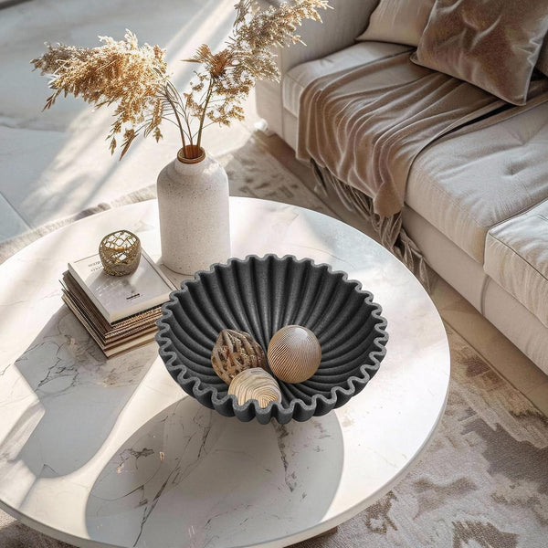 Large Decorative Bowl, Modern Handicraft Bowls for Home Decor, Decorative Fruit Bowl for Kitchen, Ruffle Bowl Decor, Stylish Key Bowl for Entry Table, Artificial Stone Black4