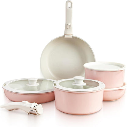 ® Pots and Pans Cookware Set [11 PIECES] - Non Toxic Ceramic Coated Cooking Ware - Induction, Gas & Oven Kitchenware - Non Stick Pot & Pan with Removable Handles & Stackable (Blush Pink)1