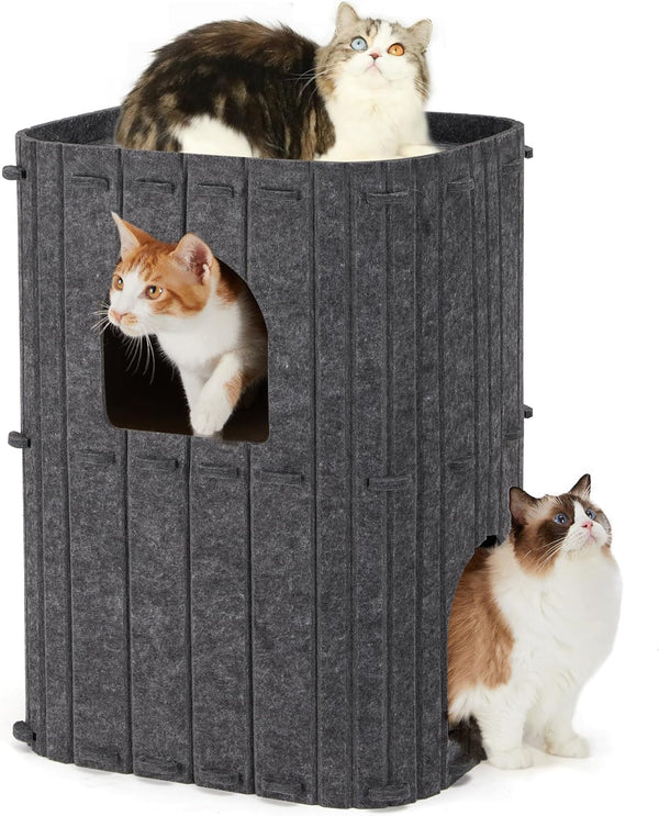 FUKUMARU Cat House for Indoor Cats, Warm Felt Cat Bed, Scratch Resistant | Large Cat Bed Cave, 3-In-1 Cat Condo, Cozy Felt Covered Cats Tunnel, 23.62 Inch Kitten Hideaway for Multicats, Beige10