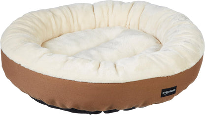 Amazon Basics round Bolster Pet Bed for Dog or Cat with Flannel Top, 20.0" L X 20.0" W X 6.0" Th, up to 11Lbs, Brown and Ivory1