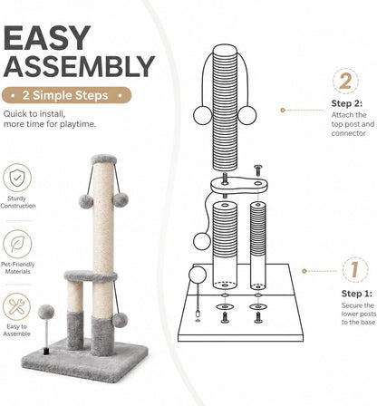 Dimaka Tall Cat Scratching Post, Double Lower Posts Extra Stable Cat Post Tree Scratcher with Sisal Rope and Teasing 4 Balls Total Large Base (Grey)7
