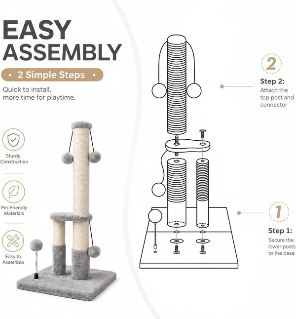 Dimaka Tall Cat Scratching Post, Double Lower Posts Extra Stable Cat Post Tree Scratcher with Sisal Rope and Teasing 4 Balls Total Large Base (Grey)7