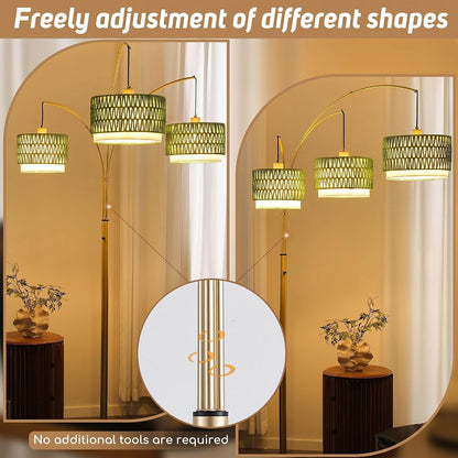 3-Light Arc Rattan Floor Lamp for Living Room,80'' Gold Boho Lamp | Heavy Natural Marble Base, 1/2/3-Light Rotary Switch,Double-Layer Green Wicker/Fabric Shades for Coastal Style,8 Ft+ Ceilings7