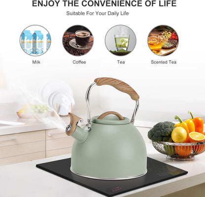Tea Kettle,  100 OZ / 3 Liter Whistling Tea Kettle, Tea Pots for Stove Top Food Grade Stainless Steel with Wood Pattern Folding Handle, Loud Whistle Kettle for Tea, Coffee, Milk (Green)6