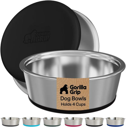 GORILLA GRIP Dog Bowls, Food Grade 304 Stainless Steel, Holds 2 US Cups Each (16 Fl Oz) Food and Water Bowl for Feeding Dogs and Cats, Dishwasher Safe, Rust Resistant BPA Free Rubber Base, 2 Set Black31