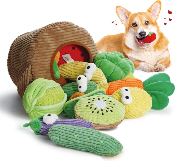 Nocciola Squeaky Fruits Veggies Stuffed Dog Toys Pack- Hide Seek Grocery Basket Crinkle Plush Puppy Toys to Keep Busy, Birthday Pet Supplies Gifts for Small Medium Breeds1