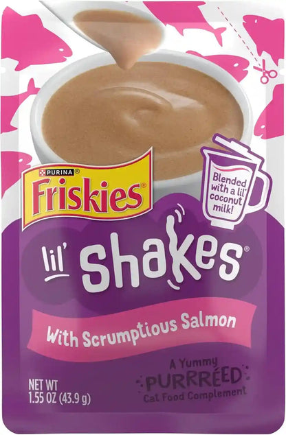 Purina Friskies Pureed Cat Food Topper, Lil’ Shakes with Scrumptious Salmon Lickable Cat Treats - (Pack of 16) 1.55 Oz. Pouches1