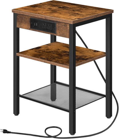 Side Table with Charging Station and USB Port, Small End Table for Small Space, 3-Tier Nightstand with Adjustable Shelf, for Living Room, Bedroom, Rustic Brown BF112BZ011