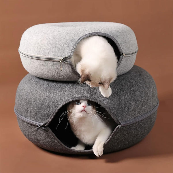 Large Cat Tunnel Bed for Indoor Cats with 3 Toys, Scratch Resistant Donut Cat Bed, up to 30 Lbs (L 24X24X11, Dark Grey)6