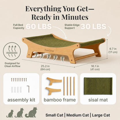XL Sisal Cat Scratcher Bed with Elevated Hammock for Indoor Cats, Replaceable Natural Sisal Pad, Large Cat Lounge, Anti-Slip No-Wobble Bamboo Frame, Olive Green4