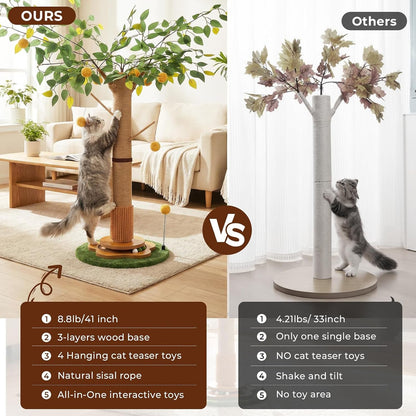 41" Tall Cat Scratching Post for Large Cats - XL Sturdy Cat Scratching Post with Solid Wood Base, Sisal Rope Scratching Posts for Indoor Cats Adults with Self-Grooming Brush, 4 Detachable Hanging Toys5