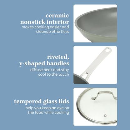 Sur La Table Kitchen Essentials Cool Commune Hard Anodized 10 Piece PFA Free Ceramic Non Stick Interior Forged Durable Aluminum Pots and Pans Cookware Set - Green - Induction Compatible5