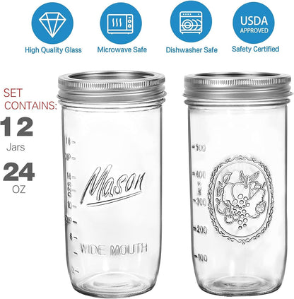 24 Oz Wide Mouth Mason Jars - Canning Jars with Metal Airtight Lids and Bands, 24 Ounce Mason Glass Jars for Fermenting, Pickling, Meal Prep, Overnight Oats, Jam, Jelly, DIY Projects (12 Pack) | Canning Jars for Fermenting, Pickling, Meal Prep, Overnight Oats, Jam, Jelly, DIY Projects (12 Pack)2