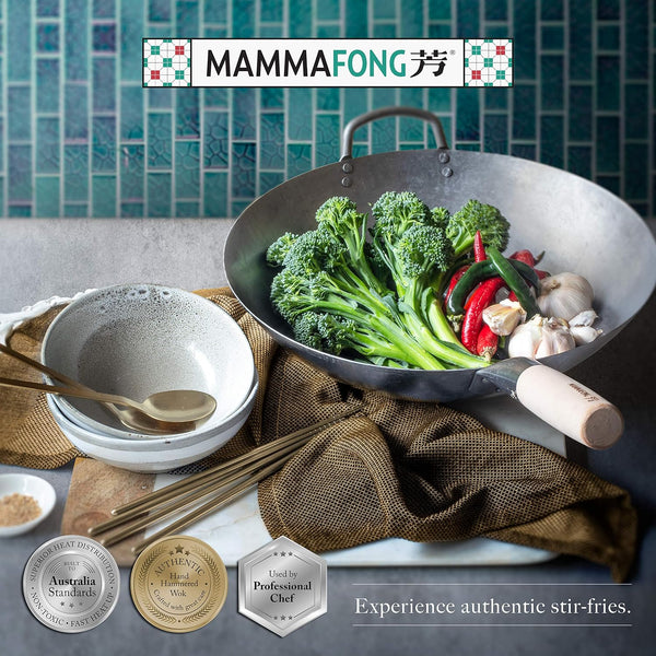 Flat Bottom Carbon Steel Wok Pan - Authentic Hand Hammered Woks and Stir Fry Pans - 14" Pow Wok6